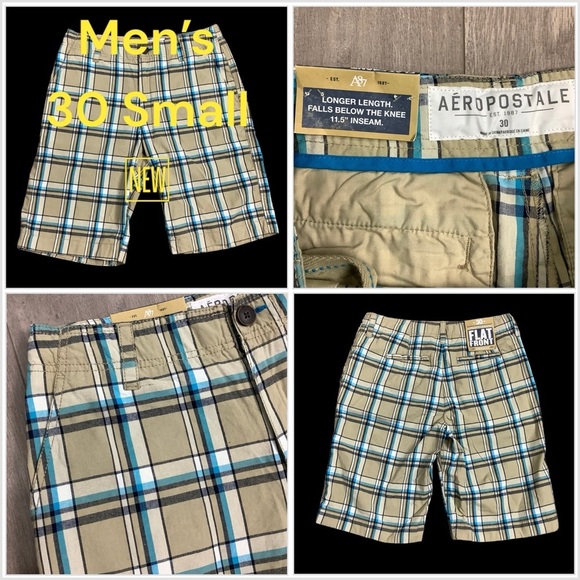 Men’s AEROPOSTALE 30 Small Shorts Chino Khakis Longer Length Plaid Khaki NWT - Picture 1 of 10